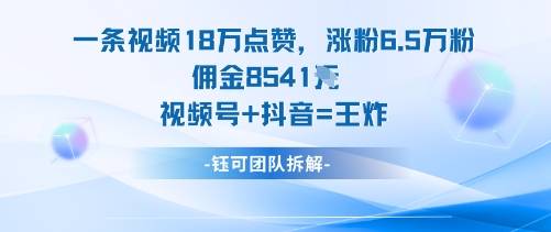 一条视频18W点赞，涨粉6.5W粉佣金8541米，视频号+抖音=王炸-云推网创项目库