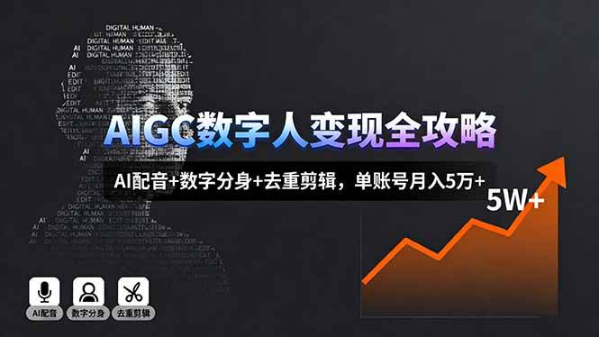 AIGC数字人变现全攻略，AI配音+数字分身+去重剪辑，单账号月入5万+-云推网创项目库