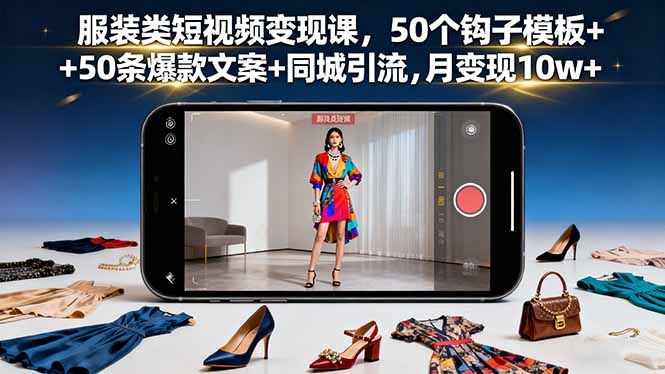服装类短视频变现课，50个钩子模板+50条爆款文案+同城引流，月变现10w+-云推网创项目库