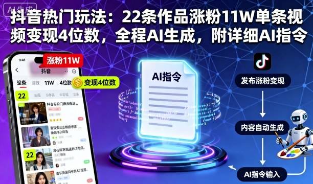 抖音热门玩法：22条作品涨粉11W单条视频变现4位数，全程AI生成，附详细AI指令-云推网创项目库