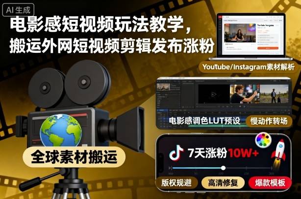 电影感短视频玩法教学,搬运外网短视频剪辑发布涨粉-云推网创项目库