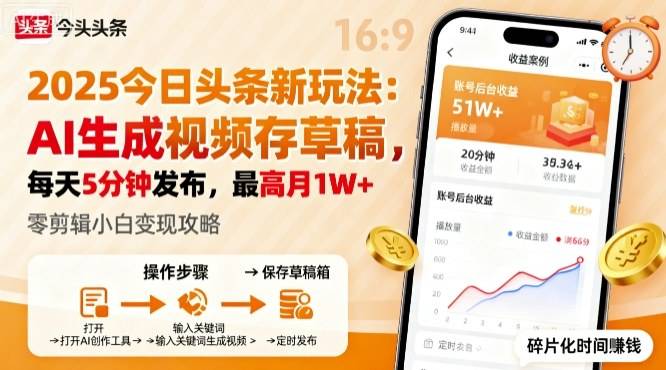 2025年今日头条躺賺新玩法，AI生成视频存草稿，每天5分钟发布，最高月1W+【揭秘】-云推网创项目库