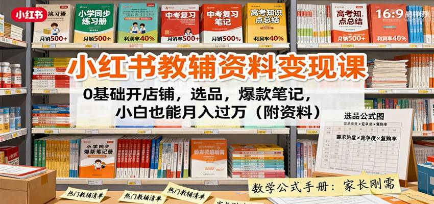小红书教辅资料变现课：0基础开店铺，选品，爆款笔记，小白也能月入过万(附资料)-云推网创项目库