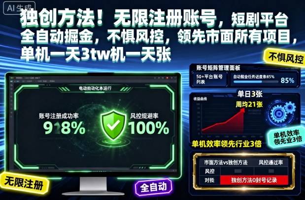 独创方法!无限注册账号,短剧平台全自动掘金,不惧风控,领先市面所有项目,单机一天3张【揭秘】-云推网创项目库
