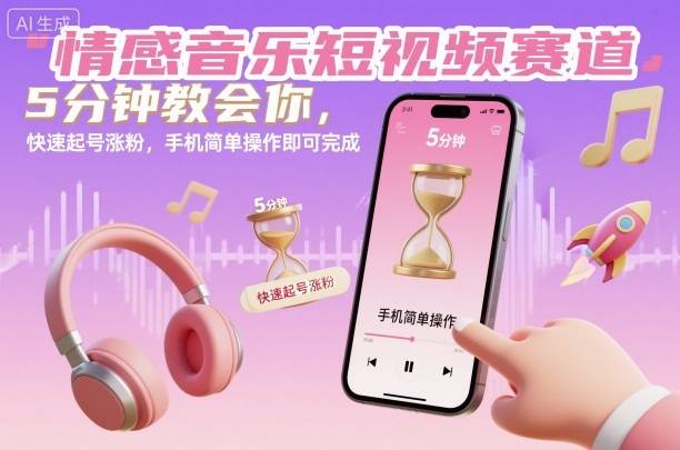 情感音乐短视频赛道,5分钟教会你,快速起号涨粉,手机简单操作即可完成-云推网创项目库