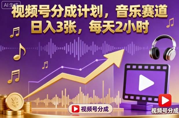 视频号分成计划，音乐赛道，日入3张，每天2小时-云推网创项目库