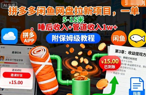 拼多多闲鱼网盘拉新项目，一单5-15米，睡后收入+管道收入1w+(附保姆级教程)-云推网创项目库