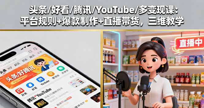 头条/好看/腾讯/YouTube/多变现课：平台规则+爆款制作+直播带货，三维教学-云推网创项目库
