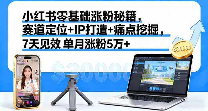 小红书零基础涨粉秘籍，赛道定位+IP打造+痛点挖掘，7天见效 单月涨粉5万+-云推网创项目库