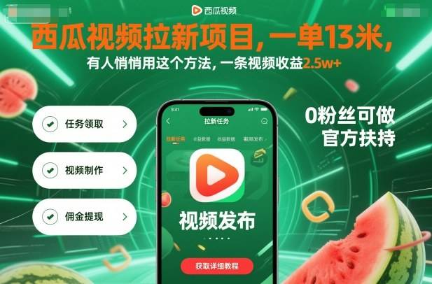 西瓜视频拉新项目，一单13米，有人悄悄用这个方法，一条视频收益2.5w+(附详细教程)-云推网创项目库