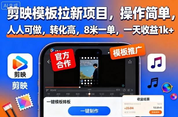 剪映模板拉新项目，操作简单，人人可做，转化高，8米一单，一天收益1k+-云推网创项目库