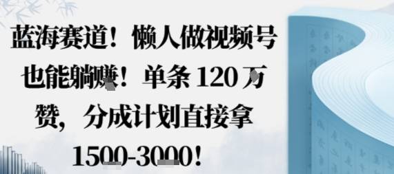 蓝海赛道，懒人做视频号也能躺挣，单条120W赞，分成计划直接拿1.5k，不用拍不用剪-云推网创项目库