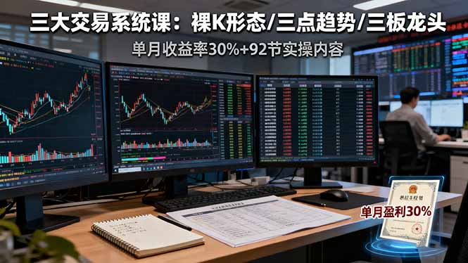 三大交易系统课：裸K形态/三点趋势/三板体系，单月收益率30%+92节实操内容-云推网创项目库