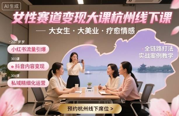 女性赛道变现大课杭州线下，大女生，大美业，疗愈情感，一套小红书、抖音、私域全链路打法-云推网创项目库