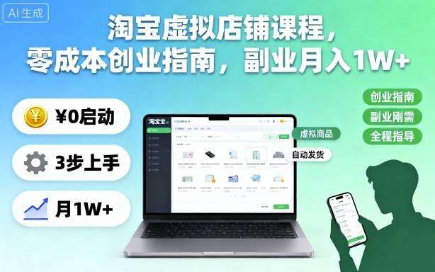 淘宝虚拟店铺课程,零成本创业指南,副业月入1W+-云推网创项目库