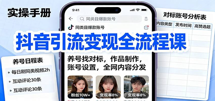 抖音引流变现全流程课：养号找对标，作品制作，账号设置，全网内容分发-云推网创项目库