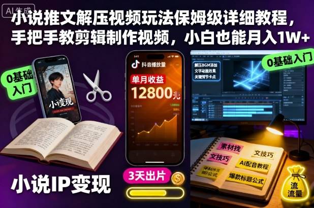 小说推文解压视频玩法保姆级详细教程,手把手教剪辑制作视频,小白也能月入1W+-云推网创项目库