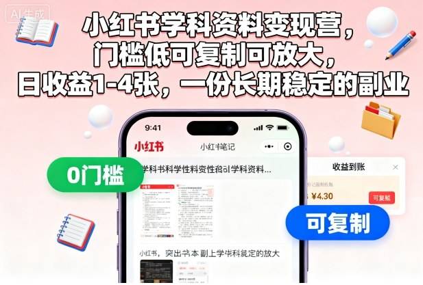 小红书学科资料变现营，门槛低可复制可放大，日收益1-4张，一份长期稳定的副业-云推网创项目库