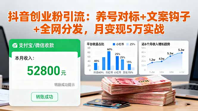 抖音创业粉引流：养号对标+文案钩子+全网分发，月变现5万实战-云推网创项目库