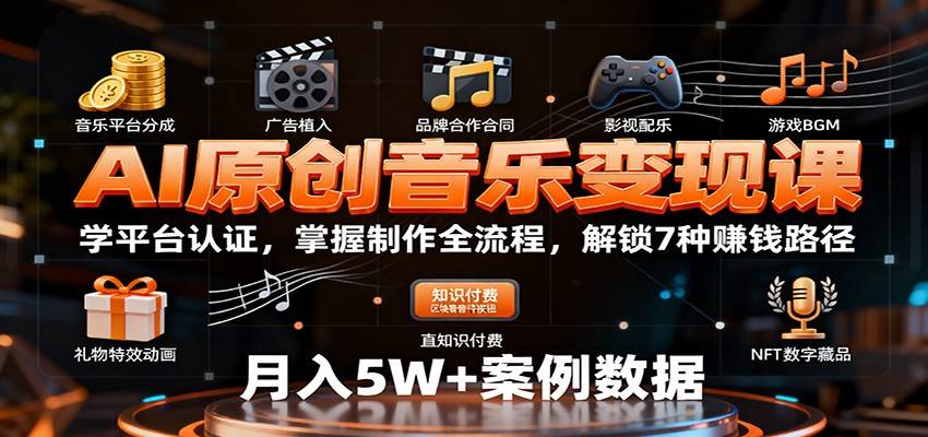 AI原创音乐变现课：学平台认证，掌握制作全流程，解锁7种赚钱路径-云推网创项目库