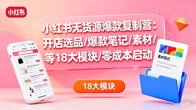 小红书无货源爆款复制营：开店选品/爆款笔记/素材/等18大模块/零成本启动-云推网创项目库
