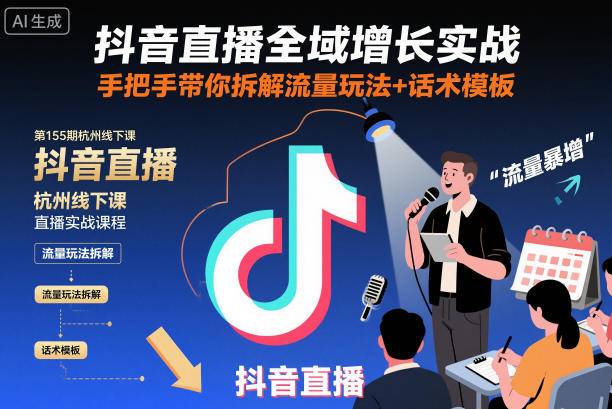 抖音直播全域增长实战第155期杭州线下课,手把手带你拆解流量玩法+话术模板-云推网创项目库