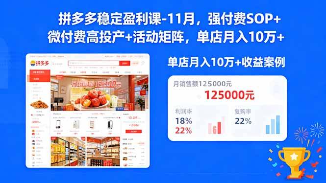拼多多稳定盈利课-11月，强付费SOP+微付费高投产+活动矩阵，单店月入10w+-云推网创项目库