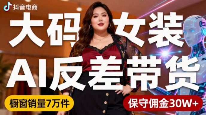 抖音小众赛道，大码女装AI反差带货，不用直播，每天6条作品，橱窗卖7万件，保守佣金30W+-云推网创项目库