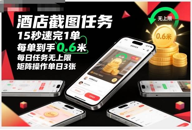 酒店截图任务，15秒速完1单，每单到手0.6米，每日任务无上限，全网首发玩法，矩阵操作单日3张【揭秘】-云推网创项目库