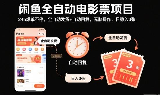 闲鱼全自动电影票项目,24h爆单不停,全自动发货+自动回复,无脑操作,日稳入3张【揭秘】-云推网创项目库