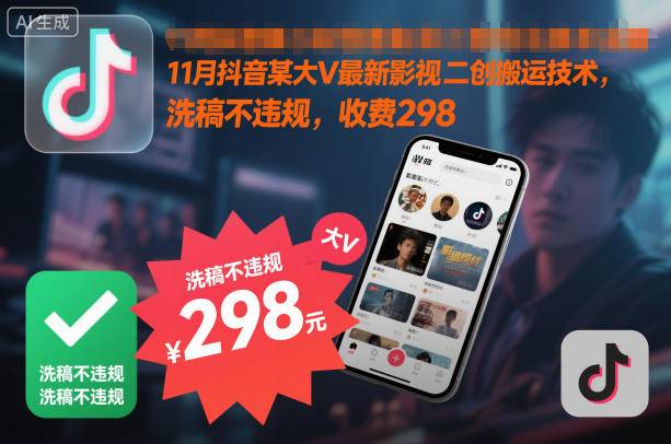 11月抖音某大V最新影视二创搬运技术，洗稿不违规，收费298-云推网创项目库