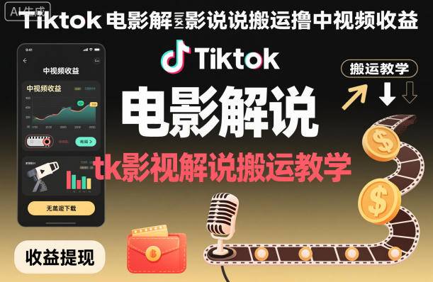 Tiktok电影解说搬运撸中视频收益，tk影视解说搬运教学-云推网创项目库