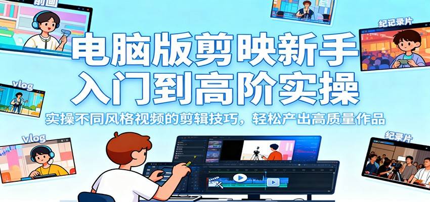 电脑版剪映新手入门到高阶实操,实操不同风格视频的剪辑技巧,轻松产出高质量作品-云推网创项目库