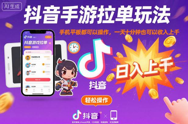 抖音手游拉单玩法，手机平板都可以操作，一天十分钟也可以收入上K【揭秘】-云推网创项目库