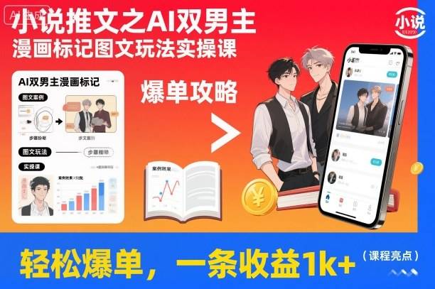 小说推文之AI双男主漫画标记图文玩法实操课,轻松爆单,一条收益1k+-云推网创项目库