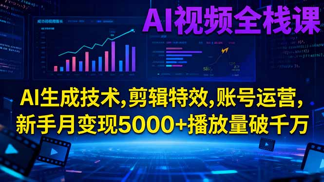 AI视频全栈课:AI生成技术,剪辑特效,账号运营,新手月变现5000+播放量破千万-云推网创项目库