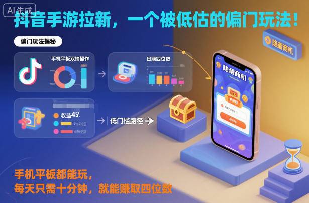 抖音手游拉新，一个被低估的偏门玩法！手机平板都能玩，每天只需十分钟，就能賺取四位数【揭秘】-云推网创项目库