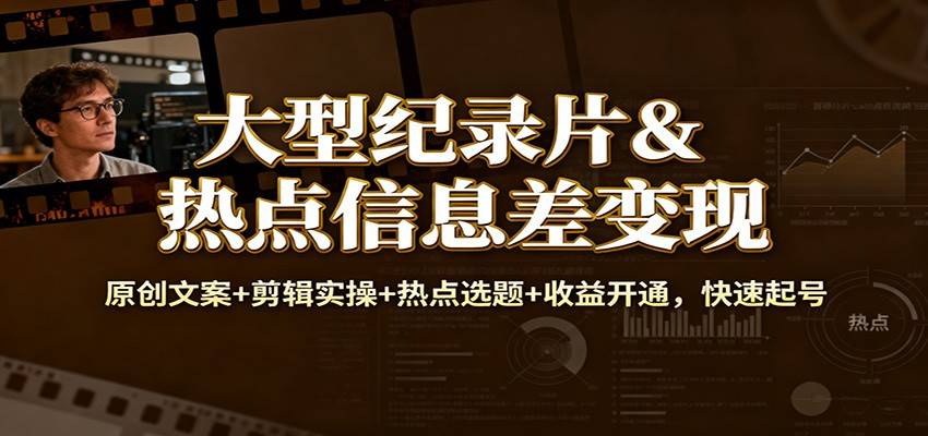 大型纪录片&热点信息差变现：原创文案+剪辑实操+热点选题+收益开通，快速起号-云推网创项目库