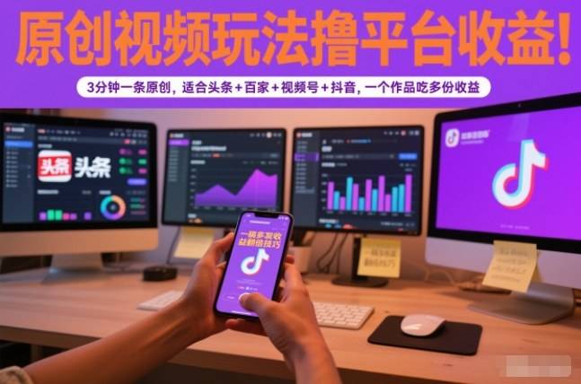 原创视频玩法撸平台收益,3分钟一条原创,适合头条+百家+视频号+抖音,一个作品吃多份收益-云推网创项目库