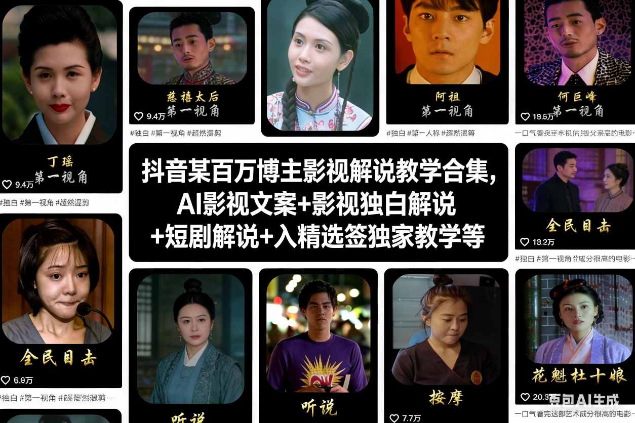抖音某百万博主影视解说教学合集，AI影视文案+影视独白解说+短剧解说+入精选签独家教学等-云推网创项目库