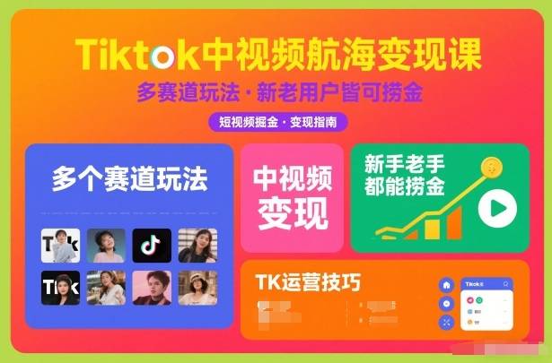 Tiktok中视频航海变现课，多个赛道玩法，新手老手都能在TK中视频捞金-云推网创项目库