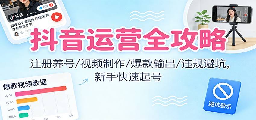 抖音运营全攻略:注册养号/视频制作/爆款输出/违规避坑,新手快速起号-云推网创项目库