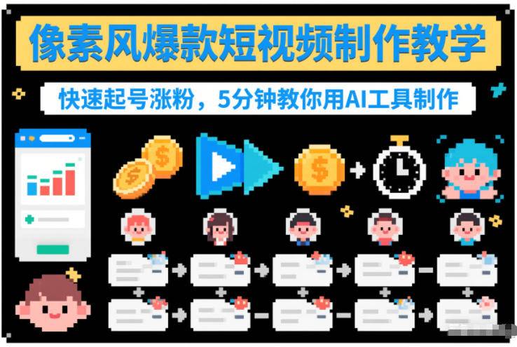 像素风爆款短视频制作教学，快速起号涨粉，5分钟教你用AI工具制作-云推网创项目库