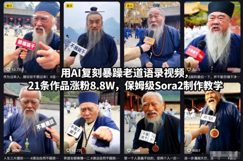 用AI复刻暴躁老道语录视频,21条作品涨粉8.8W,保姆级Sora2制作教学-云推网创项目库