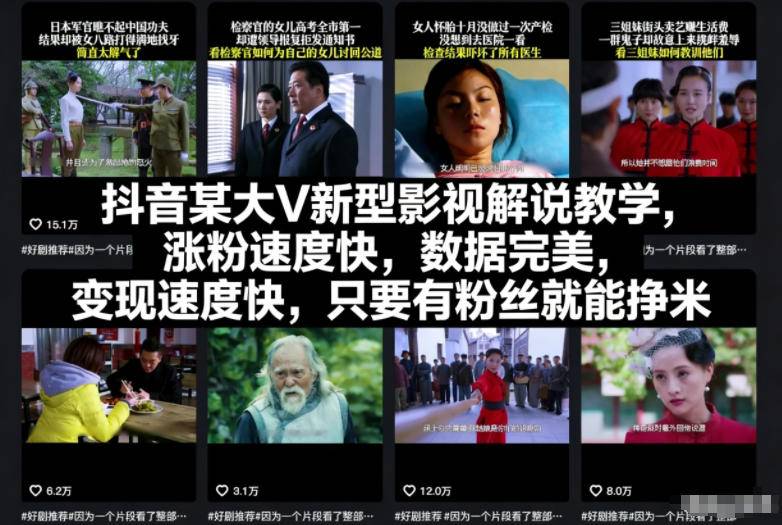 抖音某大V新型影视解说教学，涨粉速度快，数据完美，变现速度快，只要有粉丝就能挣米-云推网创项目库