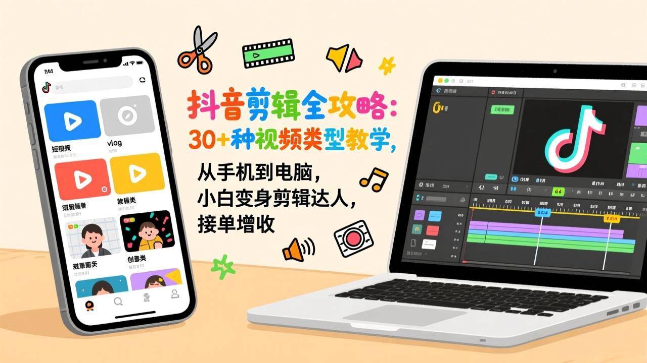 抖音剪辑全攻略：30+种视频类型教学，从手机到电脑，小白变身剪辑达人，接单增收-云推网创项目库