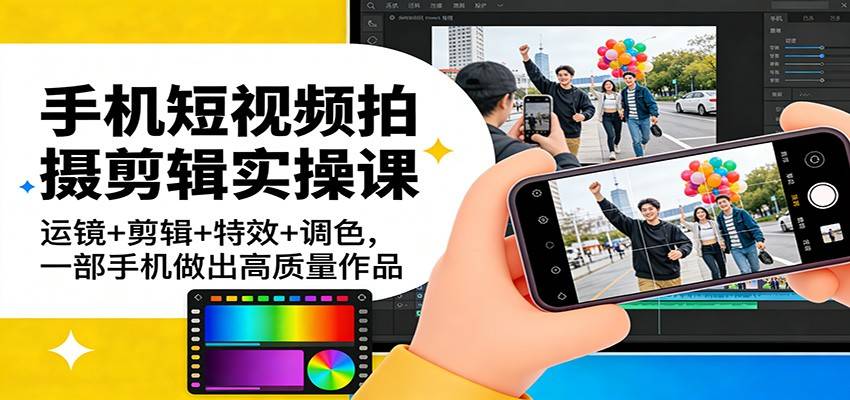 手机短视频拍摄剪辑实操课：运镜+剪辑+特效+调色，一部手机做出高质量作品-云推网创项目库