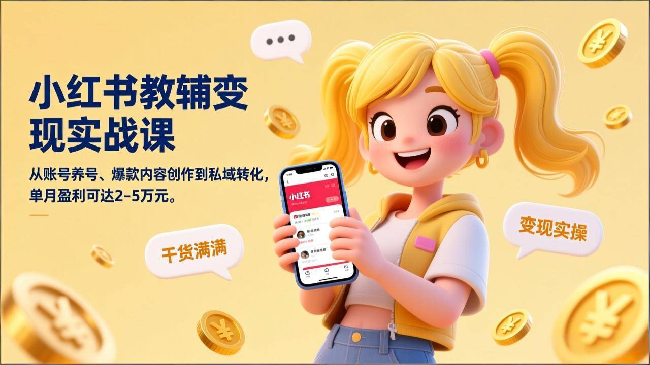 小红书教辅变现实战课，从账号养号、爆款内容创作到私域转化，单月盈利可达2-5万元-云推网创项目库