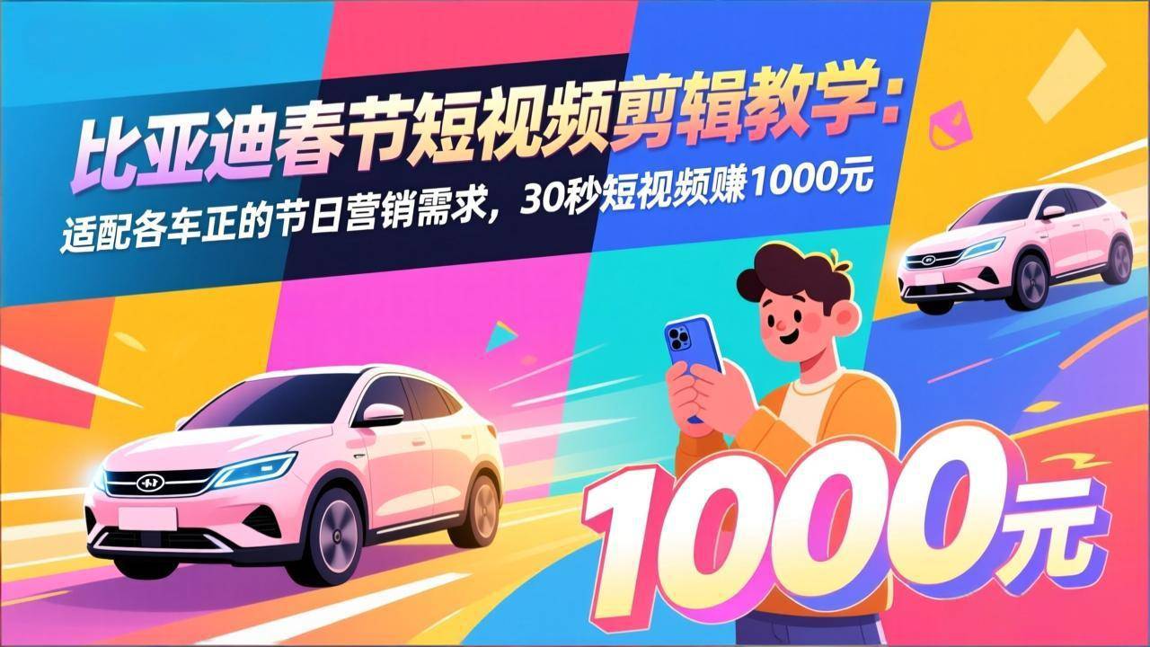 比亚迪春节短视频剪辑教学：适配各车企的节日营销需求，30秒短视频赚1000元-云推网创项目库