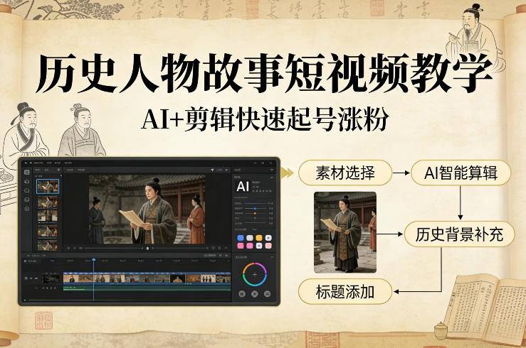 历史人物故事短视频教学，AI+剪辑制作历史人物题材短视频，快速起号涨粉-云推网创项目库